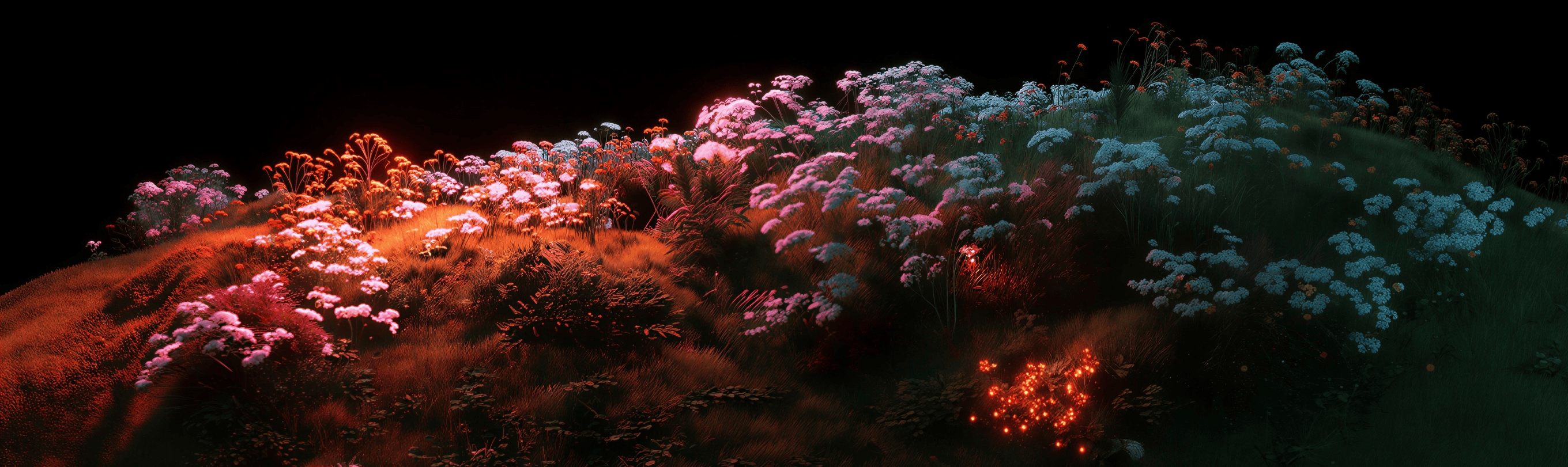 Glowing flower-covered hill at night