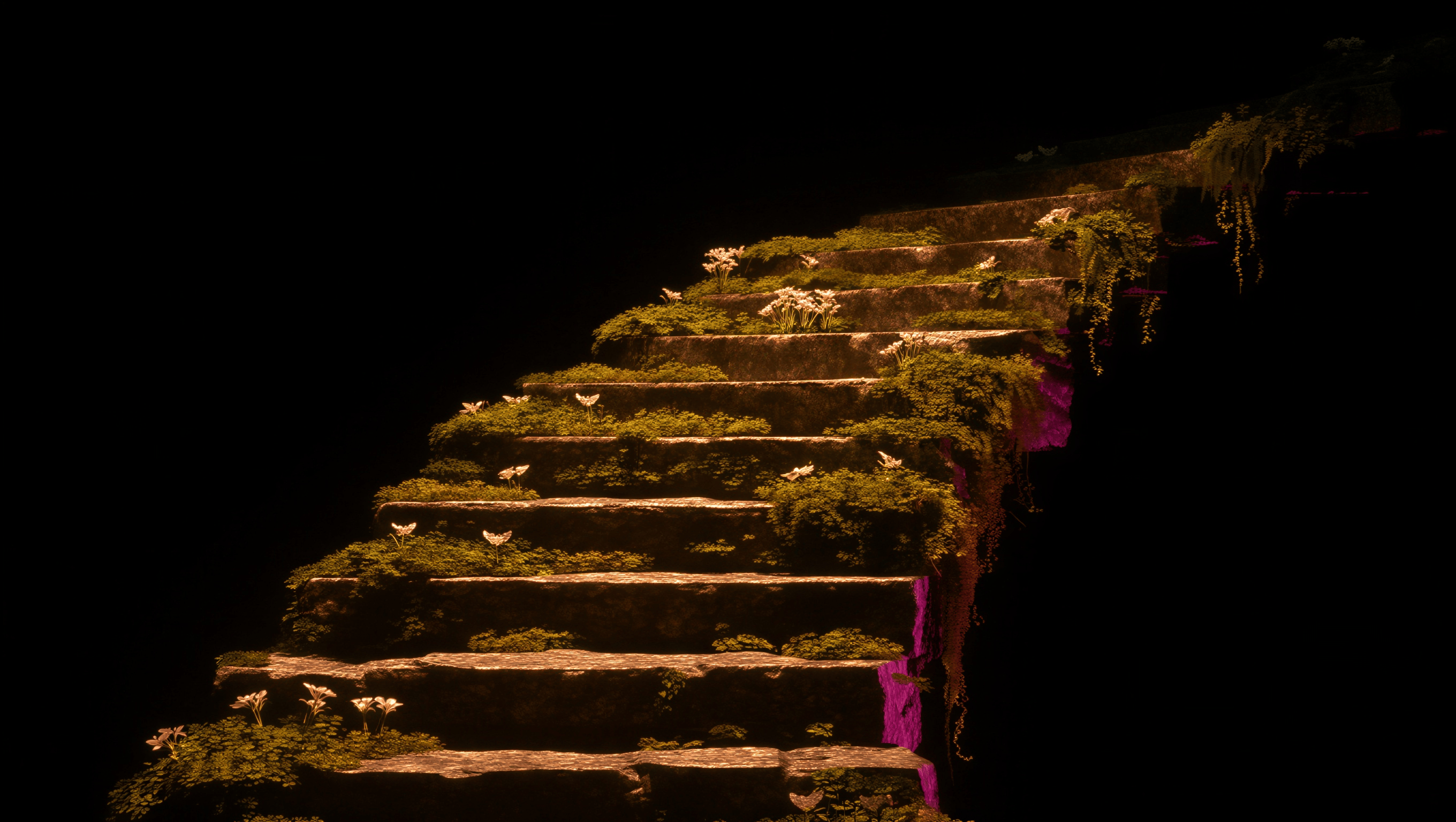 Moss-covered stone steps rising into the dark