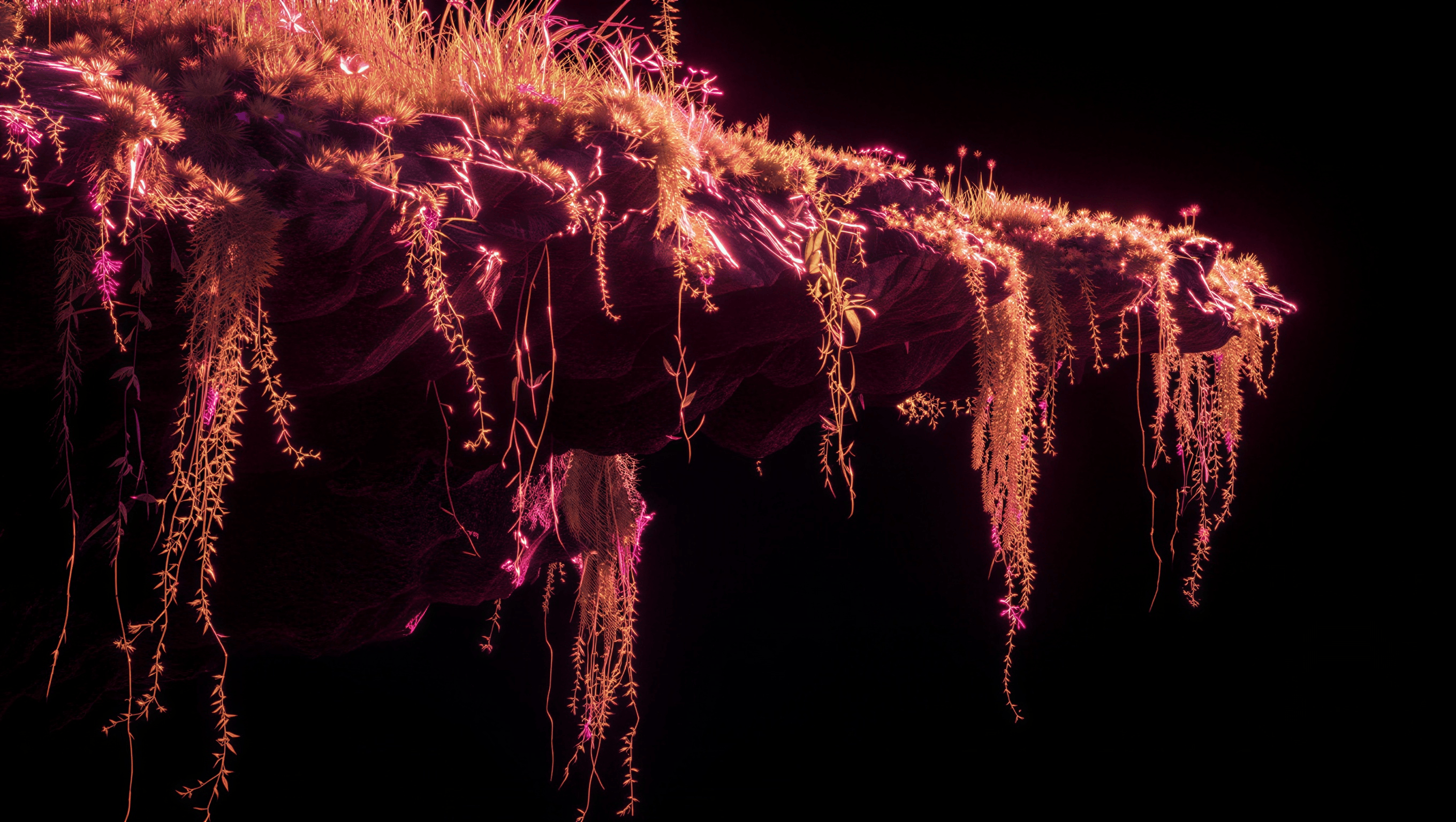 Glowing cliff terrain with hanging vines